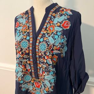 SOLITAIRE Embroidered BohoTunic Top Navy Blue, Size M